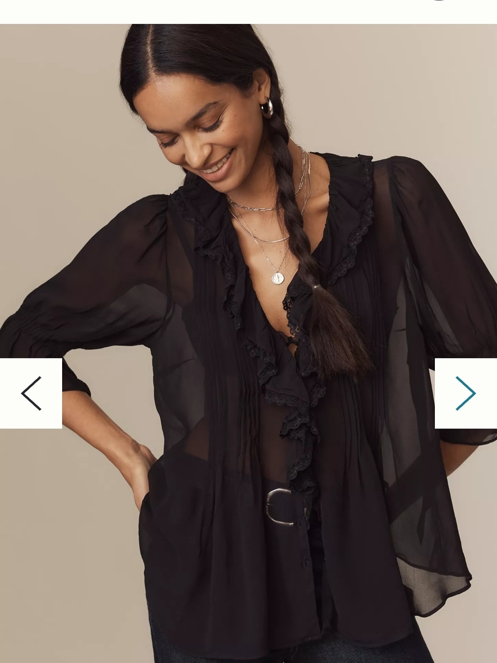 Anthropologie Sheer Ruffle-Trim Black Blouse